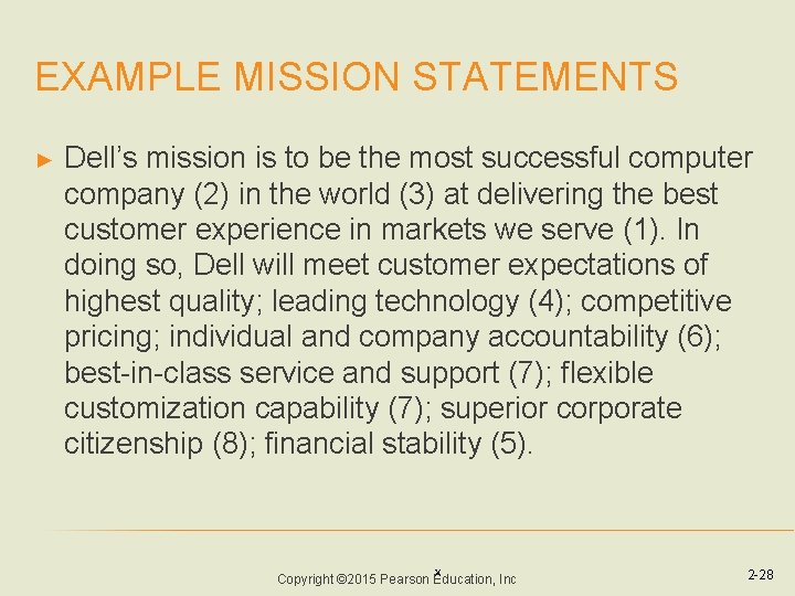 EXAMPLE MISSION STATEMENTS ► Dell’s mission is to be the most successful computer company