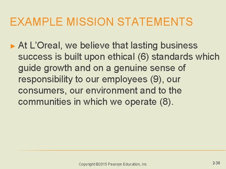 EXAMPLE MISSION STATEMENTS ► At L’Oreal, we believe that lasting business success is built