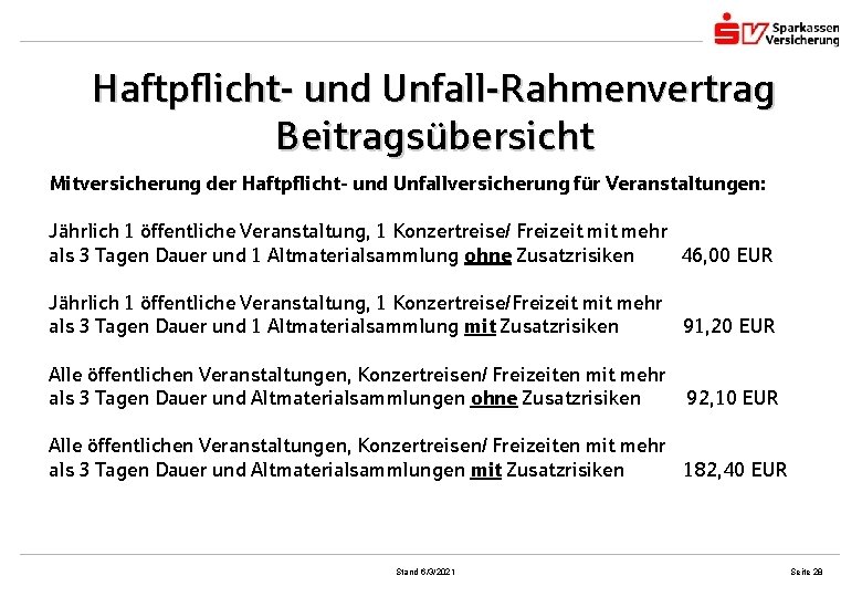 Haftpflicht- und Unfall-Rahmenvertrag Beitragsübersicht Mitversicherung der Haftpflicht- und Unfallversicherung für Veranstaltungen: Jährlich 1 öffentliche