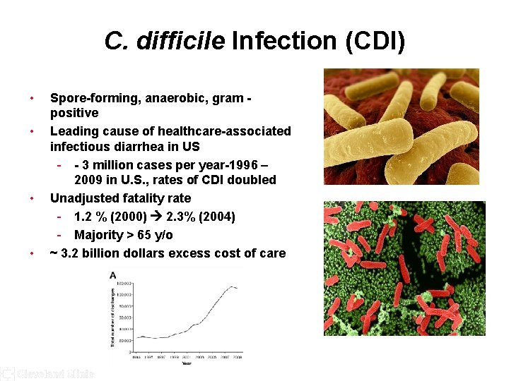 C. difficile Infection (CDI) • • Spore-forming, anaerobic, gram positive Leading cause of healthcare-associated