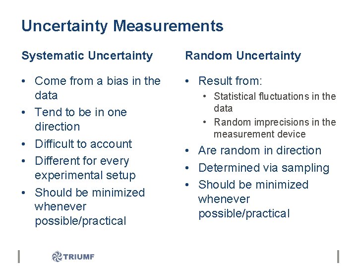 Uncertainty Measurements Systematic Uncertainty Random Uncertainty • Come from a bias in the data