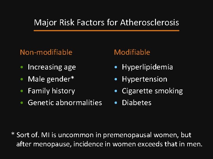 Major Risk Factors for Atherosclerosis Non-modifiable Modifiable • Increasing age • Hyperlipidemia • Male