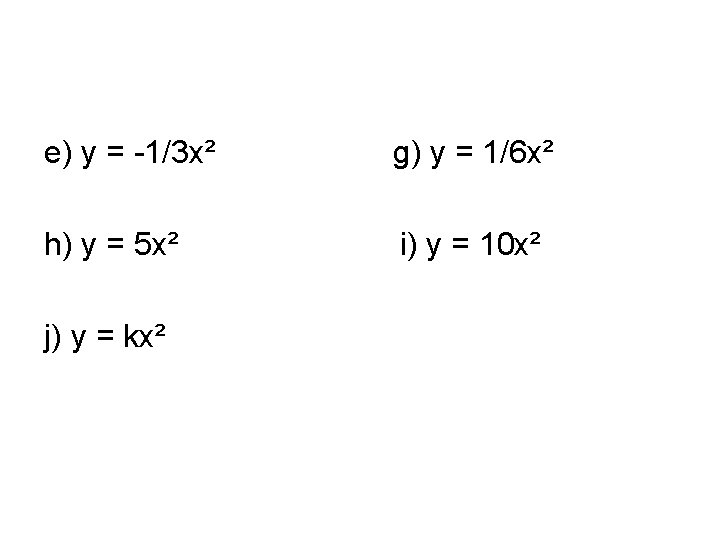 e) y = -1/3 x² g) y = 1/6 x² h) y = 5