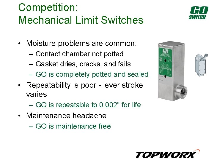 Competition: Mechanical Limit Switches • Moisture problems are common: – Contact chamber not potted