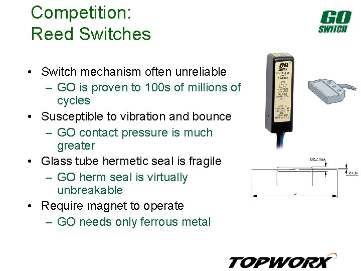 Competition: Reed Switches • Switch mechanism often unreliable – GO is proven to 100