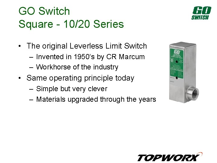 GO Switch Square - 10/20 Series • The original Leverless Limit Switch – Invented