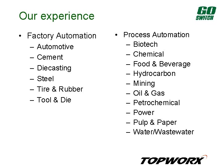 Our experience • Factory Automation – – – Automotive Cement Diecasting Steel Tire &