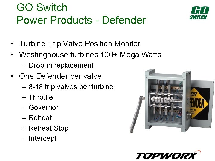 GO Switch Power Products - Defender • Turbine Trip Valve Position Monitor • Westinghouse