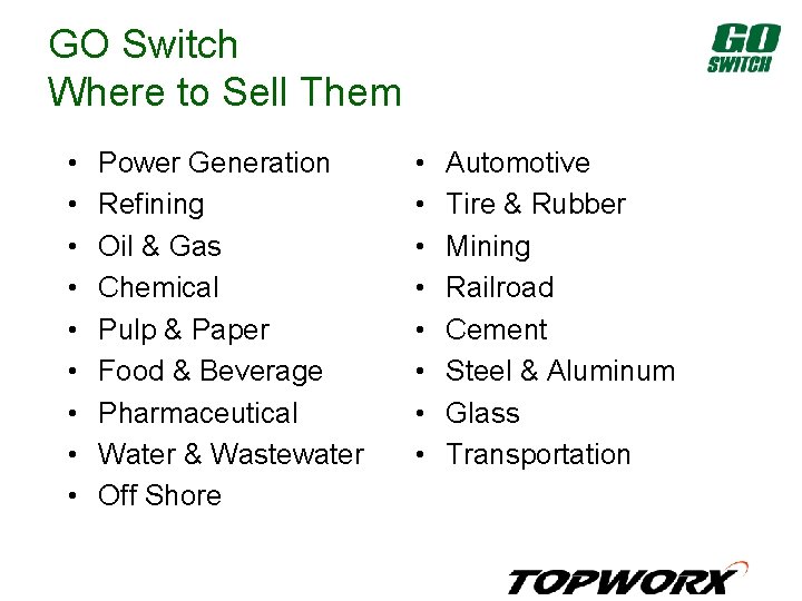 GO Switch Where to Sell Them • • • Power Generation Refining Oil &