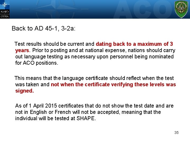 Back to AD 45 -1, 3 -2 a: Test results should be current and