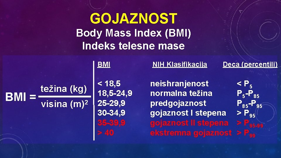 GOJAZNOST Body Mass Index (BMI) Indeks telesne mase BMI = težina (kg) visina (m)2
