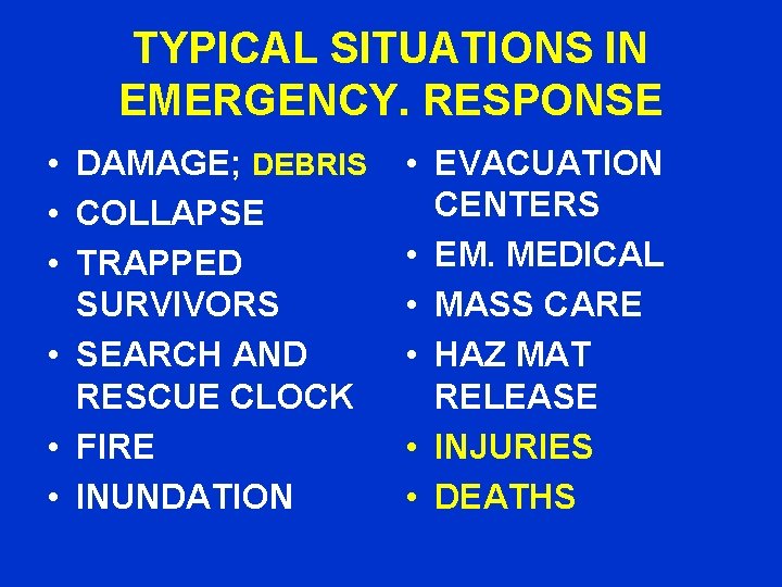TYPICAL SITUATIONS IN EMERGENCY. RESPONSE • DAMAGE; DEBRIS • COLLAPSE • TRAPPED SURVIVORS •