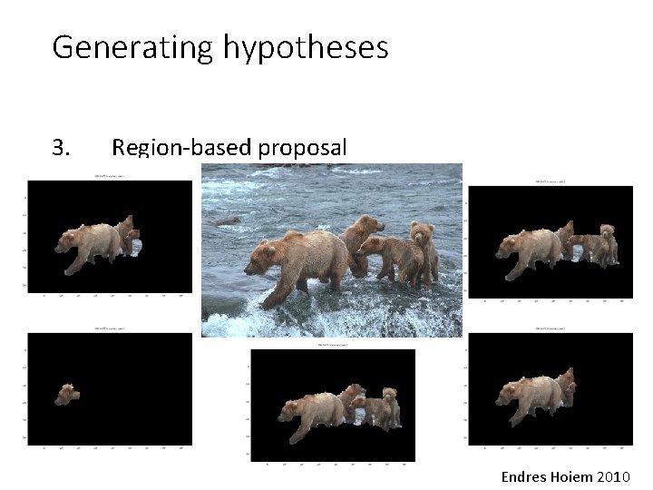 Generating hypotheses 3. Region-based proposal Endres Hoiem 2010 