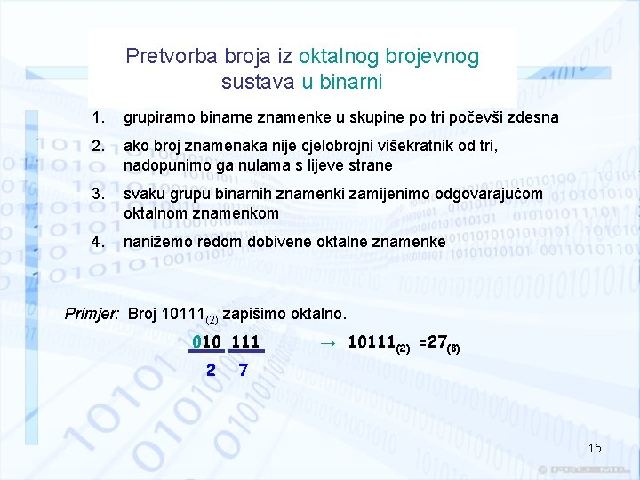 Pretvorba broja iz oktalnog brojevnog sustava u binarni 1. grupiramo binarne znamenke u skupine