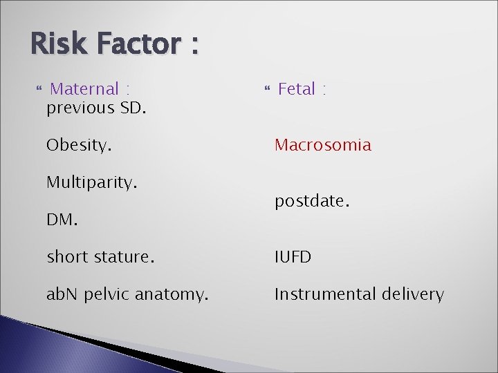 Risk Factor : Maternal : previous SD. Obesity. Multiparity. DM. Fetal : Macrosomia postdate.