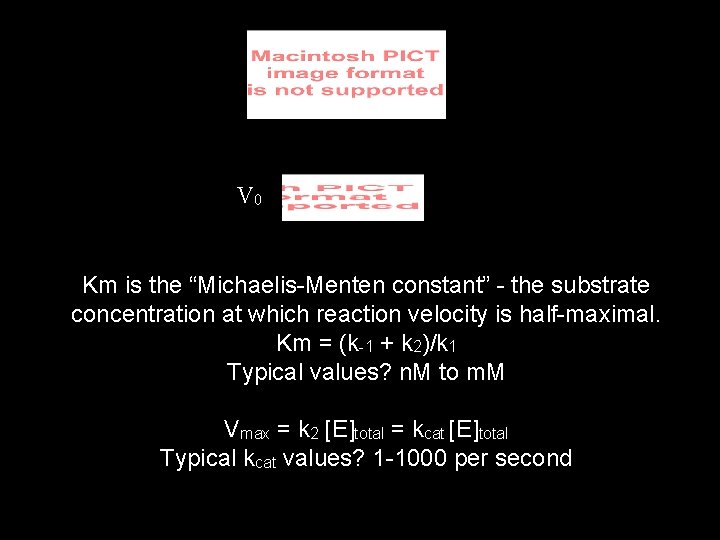 V 0 Km is the “Michaelis-Menten constant” - the substrate concentration at which reaction