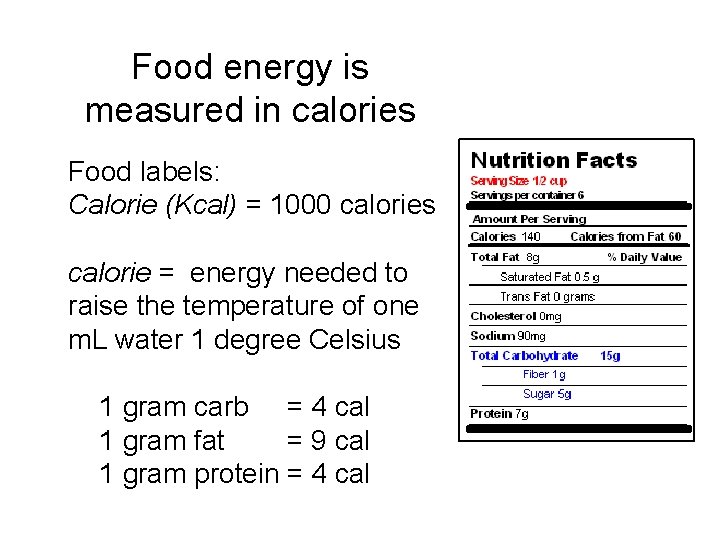 Food energy is measured in calories Food labels: Calorie (Kcal) = 1000 calories calorie