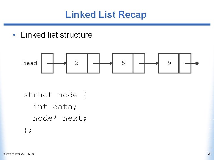 Linked List Recap • Linked list structure head 2 5 9 struct node {