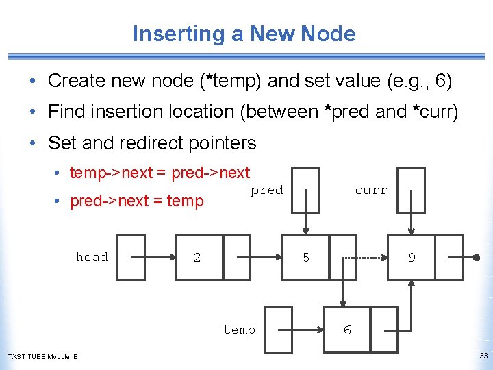 Inserting a New Node • Create new node (*temp) and set value (e. g.