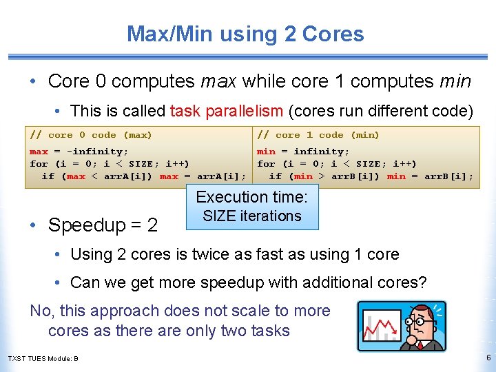 Max/Min using 2 Cores • Core 0 computes max while core 1 computes min