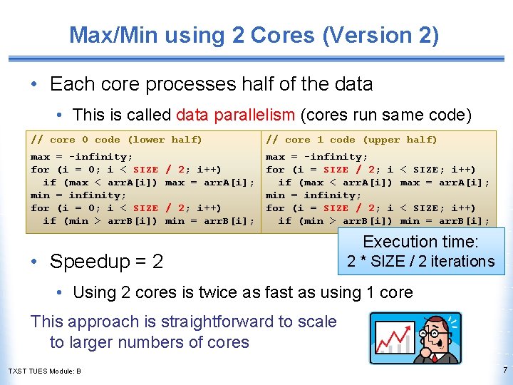 Max/Min using 2 Cores (Version 2) • Each core processes half of the data