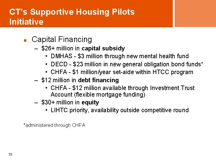CT’s Supportive Housing Pilots Initiative n Capital Financing – $26+ million in capital subsidy