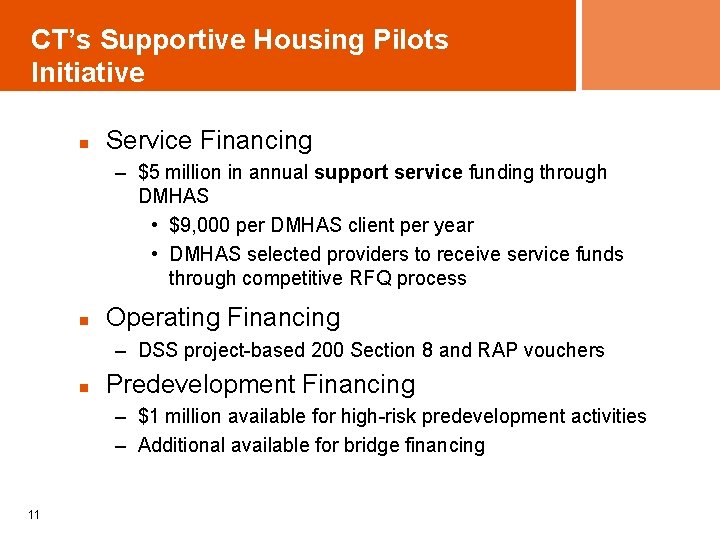 CT’s Supportive Housing Pilots Initiative n Service Financing – $5 million in annual support