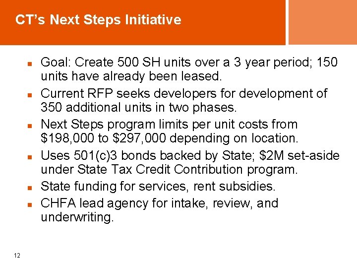 CT’s Next Steps Initiative n n n 12 Goal: Create 500 SH units over