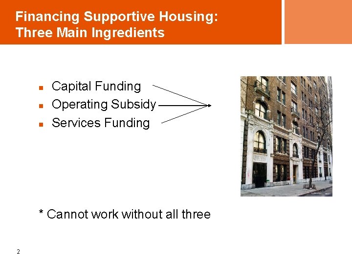 Financing Supportive Housing: Three Main Ingredients n n n Capital Funding Operating Subsidy Services