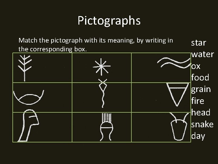 Pictographs Match the pictograph with its meaning, by writing in the corresponding box. star