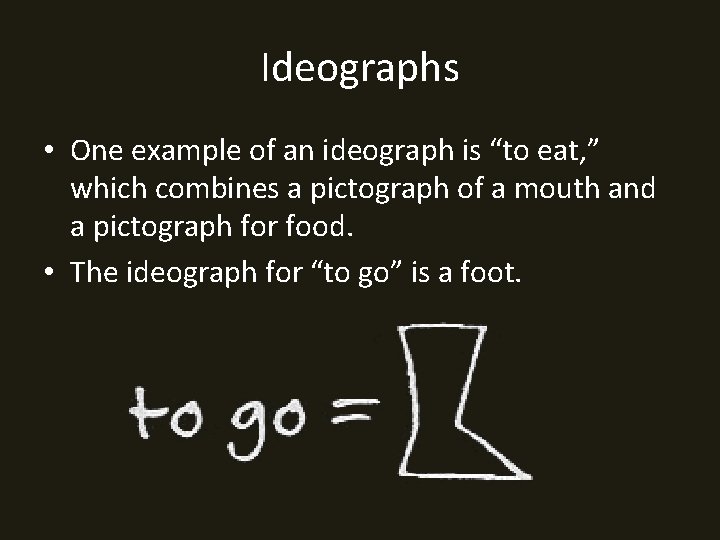 Ideographs • One example of an ideograph is “to eat, ” which combines a