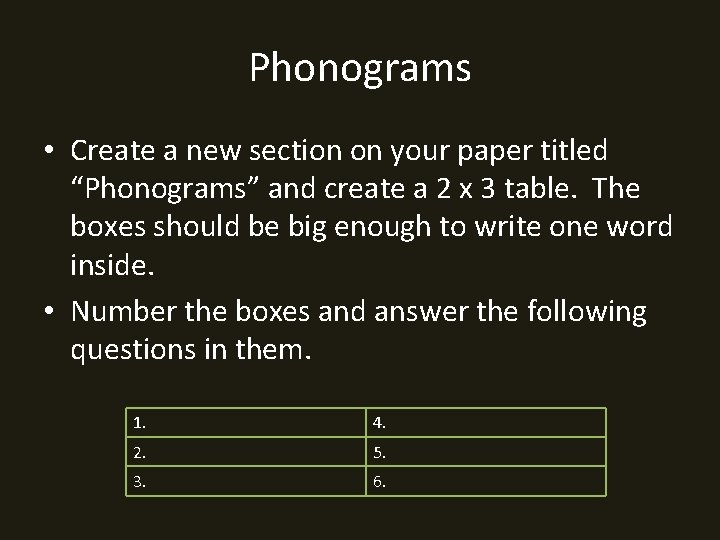 Phonograms • Create a new section on your paper titled “Phonograms” and create a