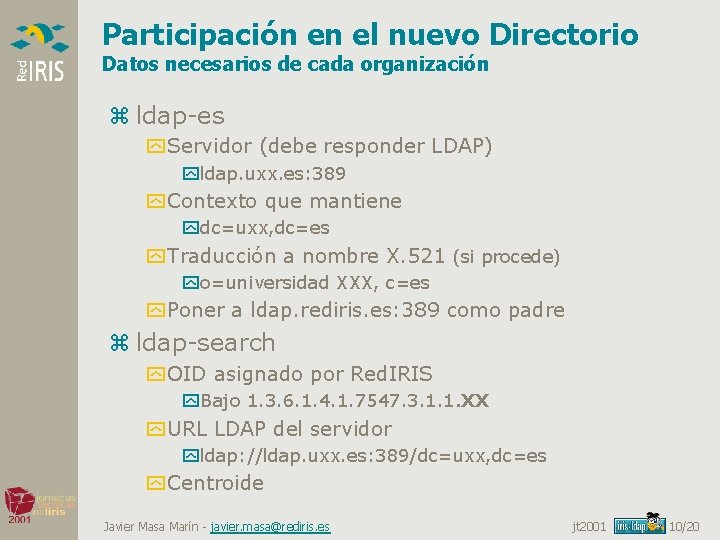 Participación en el nuevo Directorio Datos necesarios de cada organización z ldap-es y Servidor