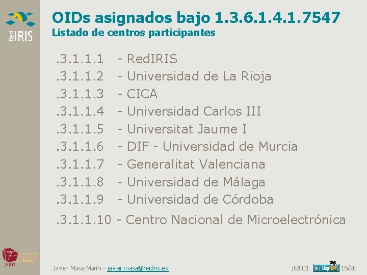 OIDs asignados bajo 1. 3. 6. 1. 4. 1. 7547 Listado de centros participantes