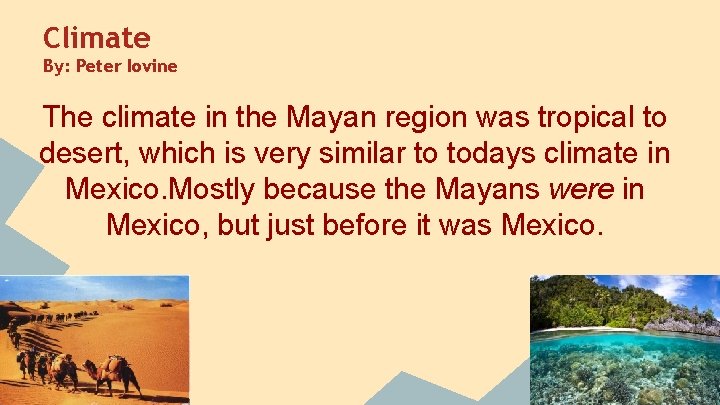 Climate By: Peter Iovine The climate in the Mayan region was tropical to desert,