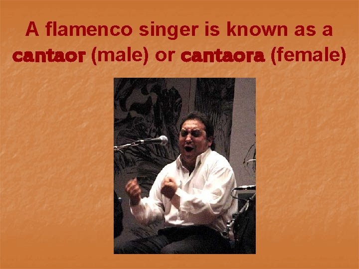 A flamenco singer is known as a cantaor (male) or cantaora (female) 