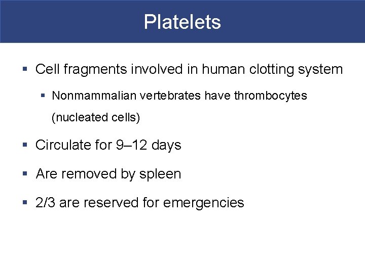 Platelets § Cell fragments involved in human clotting system § Nonmammalian vertebrates have thrombocytes