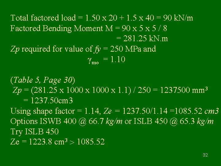 Total factored load = 1. 50 x 20 + 1. 5 x 40 =