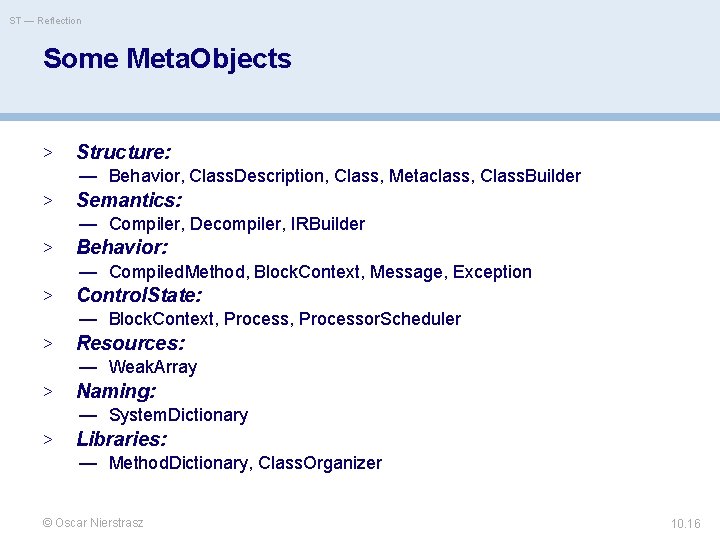 ST — Reflection Some Meta. Objects > Structure: — Behavior, Class. Description, Class, Metaclass,