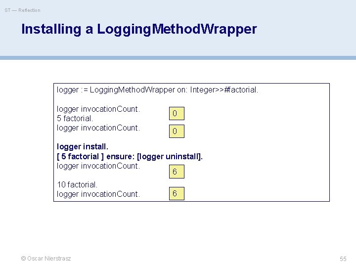 ST — Reflection Installing a Logging. Method. Wrapper logger : = Logging. Method. Wrapper