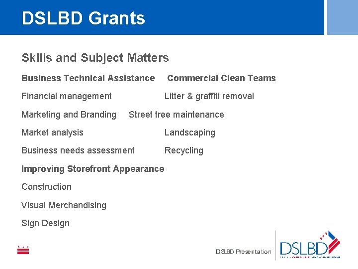 DSLBD Grants Skills and Subject Matters Business Technical Assistance Commercial Clean Teams Financial management