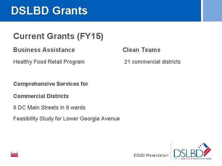 DSLBD Grants Current Grants (FY 15) Business Assistance Healthy Food Retail Program Comprehensive Services