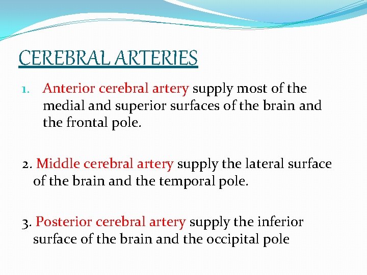 CEREBRAL ARTERIES 1. Anterior cerebral artery supply most of the medial and superior surfaces