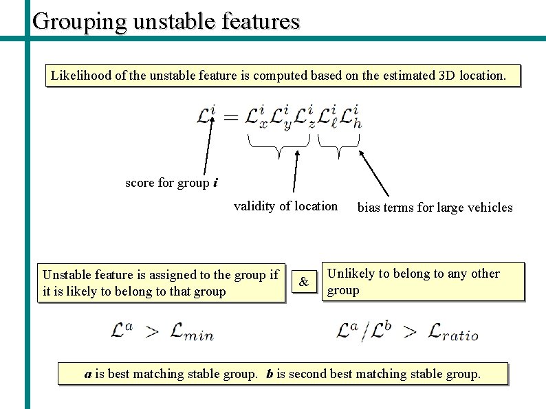 Grouping unstable features Likelihood of the unstable feature is computed based on the estimated