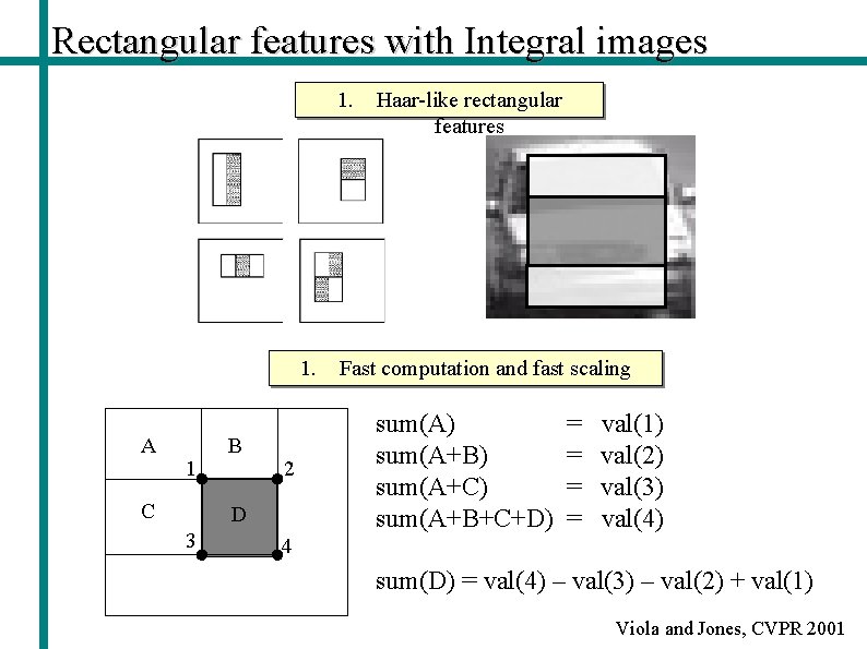 Rectangular features with Integral images 1. A 1 C B 2 D 3 Haar-like