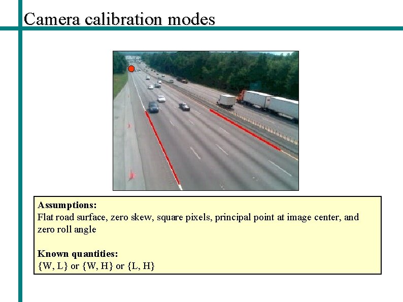 Camera calibration modes Assumptions: Flat road surface, zero skew, square pixels, principal point at