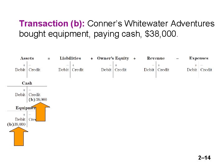 Transaction (b): Conner’s Whitewater Adventures bought equipment, paying cash, $38, 000. 2– 14 