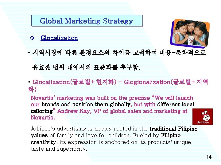 Global Marketing Strategy v Glocalization • 지역시장에 따른 환경요소의 차이를 고려하여 비용-문화적으로 유효한 범위