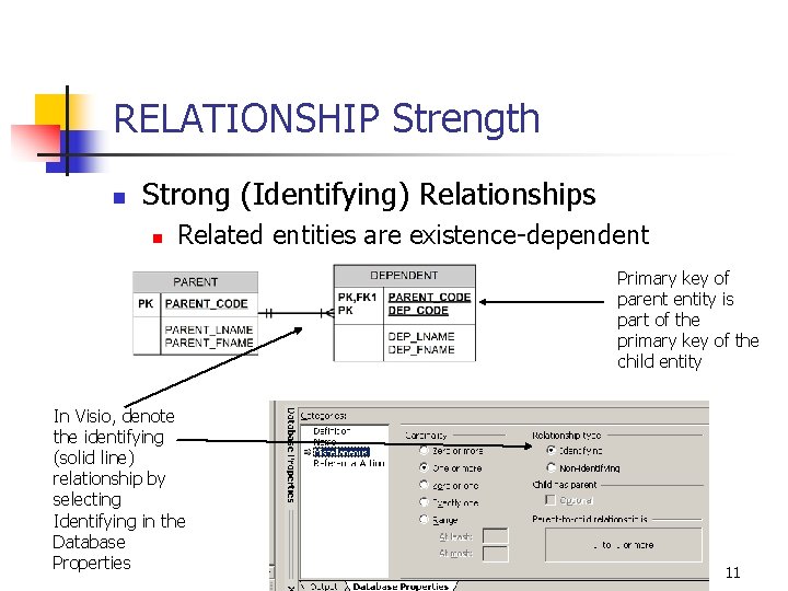 RELATIONSHIP Strength n Strong (Identifying) Relationships n Related entities are existence-dependent Primary key of