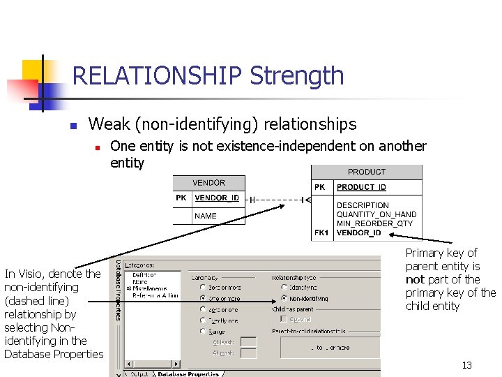 RELATIONSHIP Strength n Weak (non-identifying) relationships n In Visio, denote the non-identifying (dashed line)
